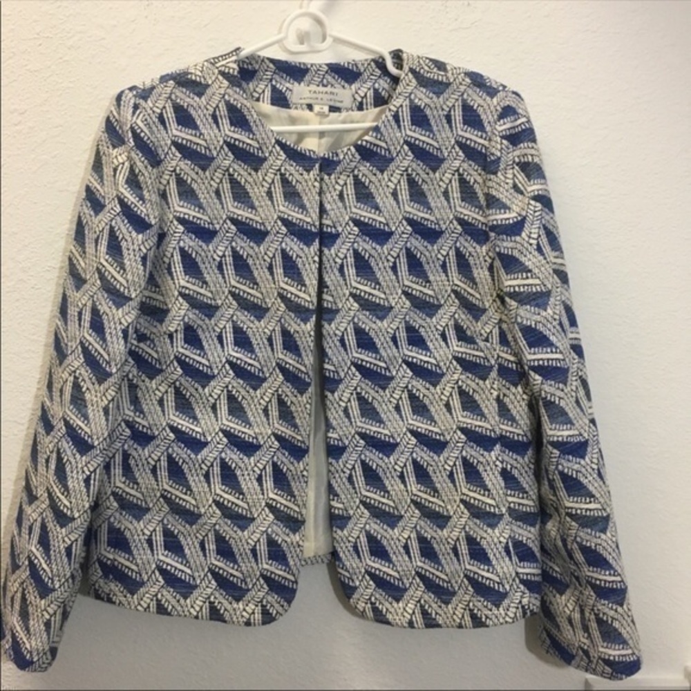 Tahari Arthur S. Levine Jacket Classic Blazer Blue White Geometric Print NWOT